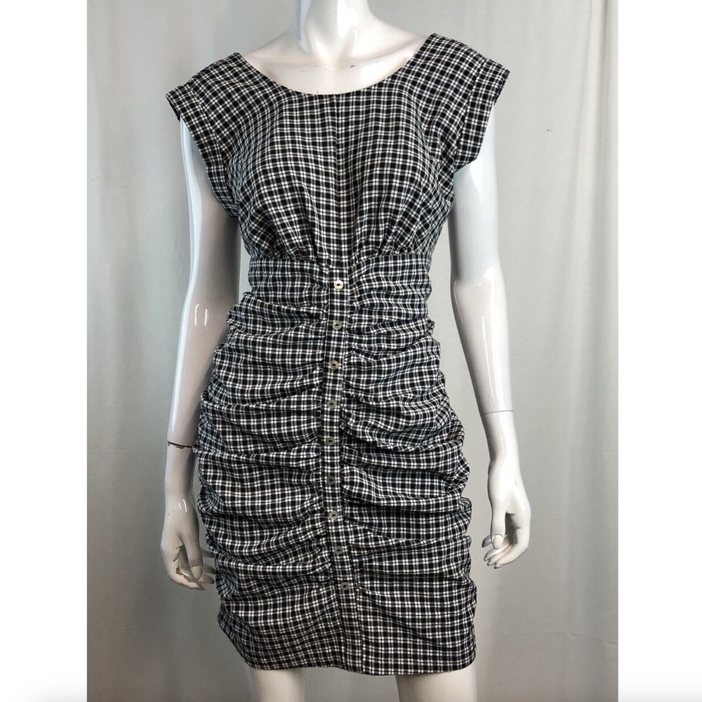 CODE X MODE Sleeveless Ruched Button Front Mini Dress in Gingham Plaid S…